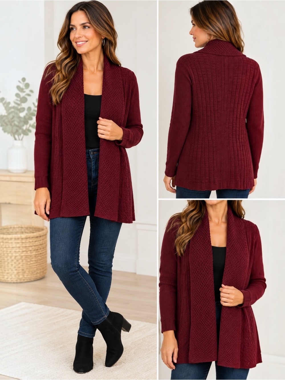 Allie & Rob Petite PXL Burgundy Open Front Shawl Collar Textured Knit Cardigan